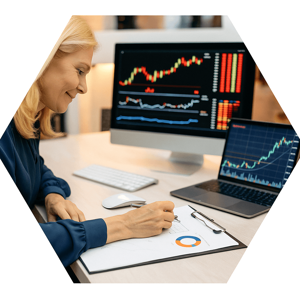 Colleagues collaborating in front of market data screens